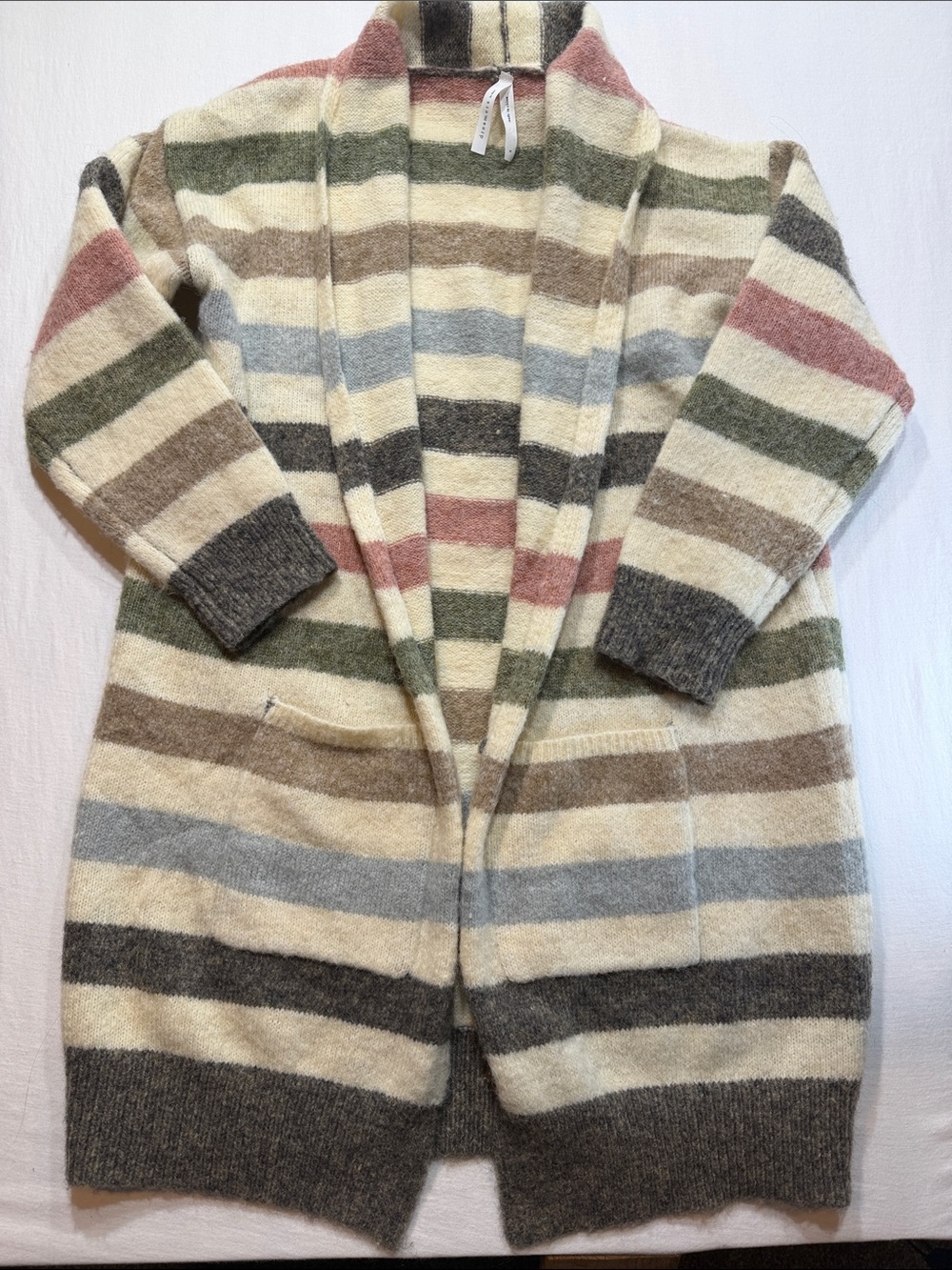 Dreamers Striped Open-Front Cardigan in Cream, Olive, Rose & Gray